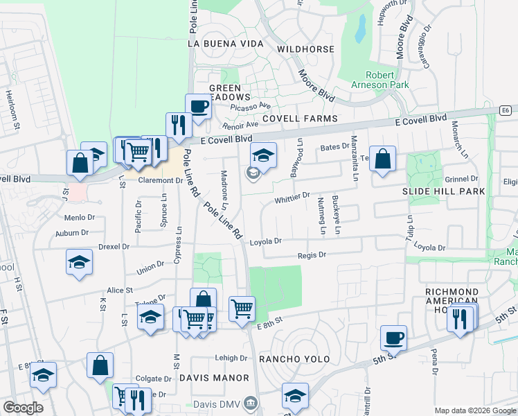 map of restaurants, bars, coffee shops, grocery stores, and more near 1406 Whittier Drive in Davis