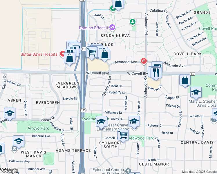 map of restaurants, bars, coffee shops, grocery stores, and more near 1898 Sycamore Lane in Davis
