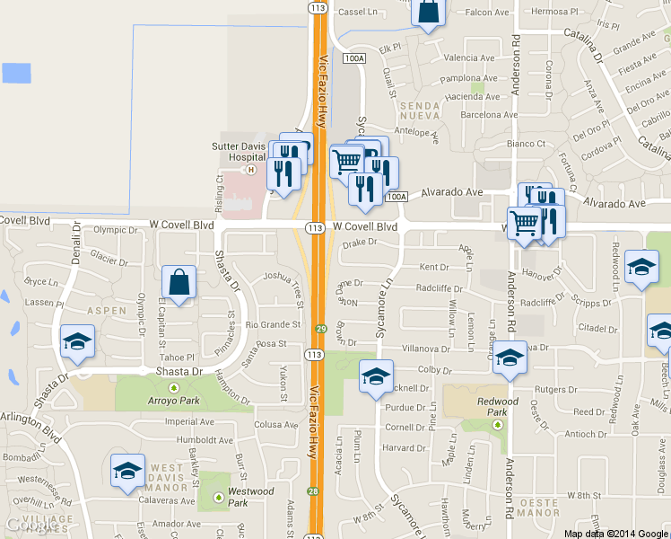 map of restaurants, bars, coffee shops, grocery stores, and more near 1431 Notre Dame Drive in Davis