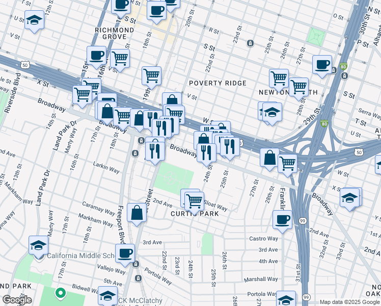 map of restaurants, bars, coffee shops, grocery stores, and more near 2200 Broadway in Sacramento