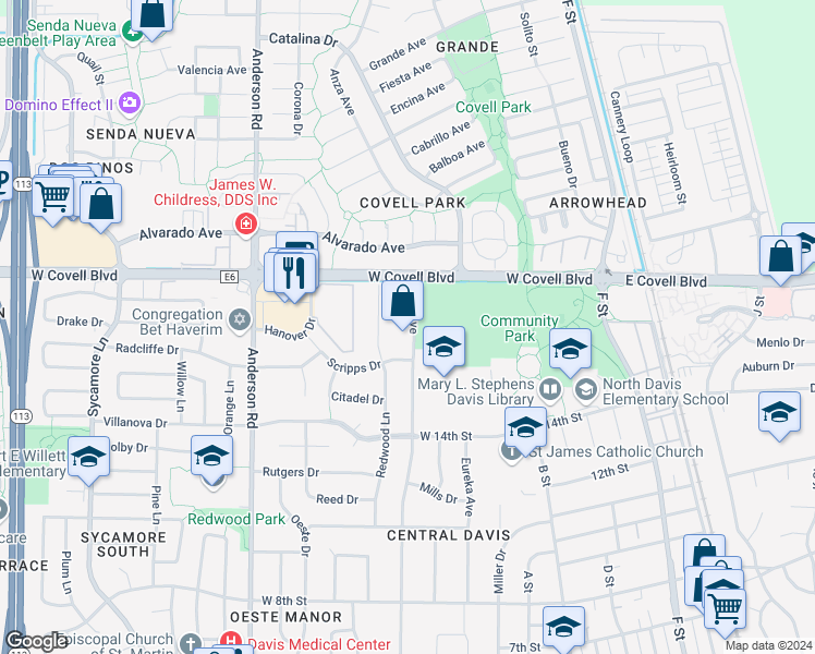map of restaurants, bars, coffee shops, grocery stores, and more near 1777 Oak Avenue in Davis