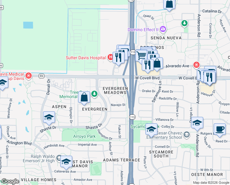 map of restaurants, bars, coffee shops, grocery stores, and more near 1650 Joshua Tree Street in Davis