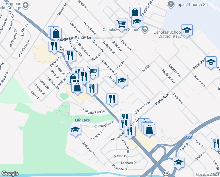 map of restaurants, bars, coffee shops, grocery stores, and more near 1315 Morning Star Drive in Cahokia