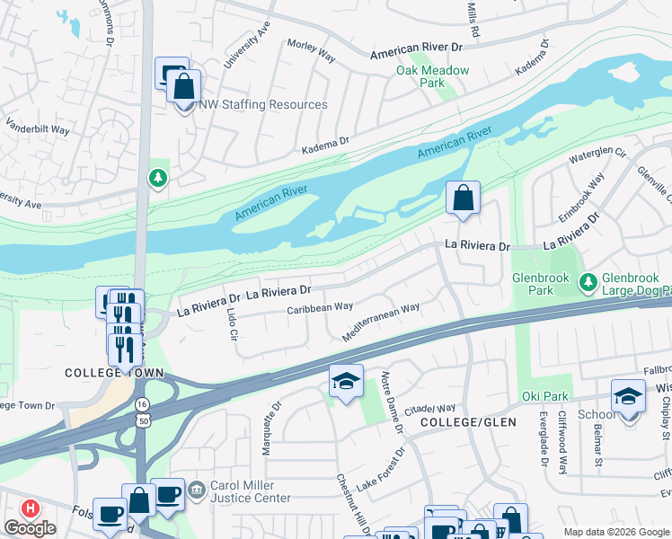 map of restaurants, bars, coffee shops, grocery stores, and more near 8255 La Riviera Drive in Sacramento