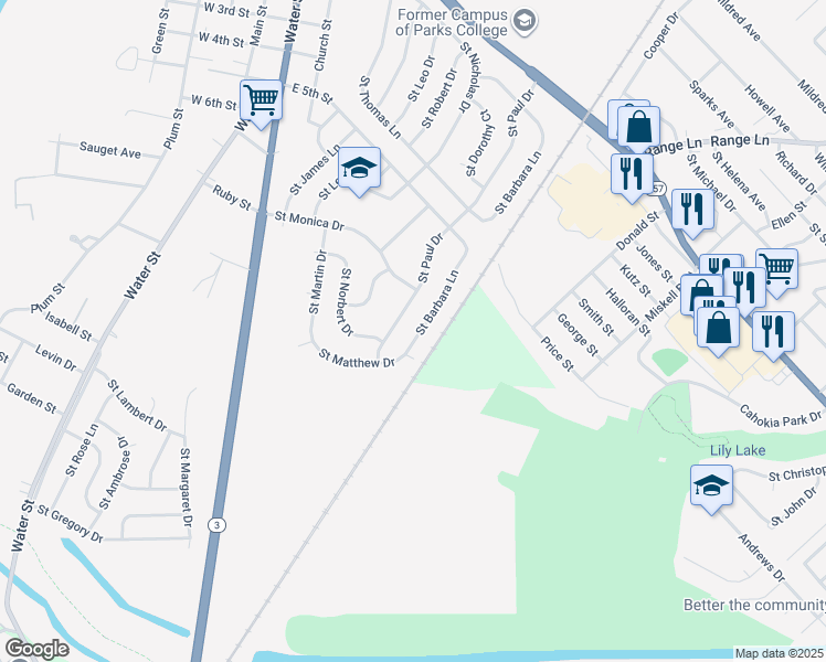 map of restaurants, bars, coffee shops, grocery stores, and more near 719 Saint Barbara Lane in Cahokia