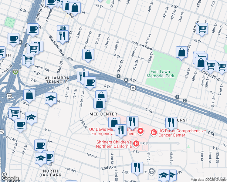 map of restaurants, bars, coffee shops, grocery stores, and more near 3916 S Street in Sacramento