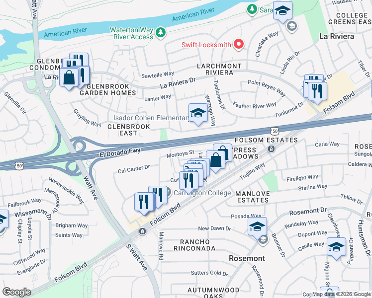 map of restaurants, bars, coffee shops, grocery stores, and more near 9028 Montoya Street in Sacramento