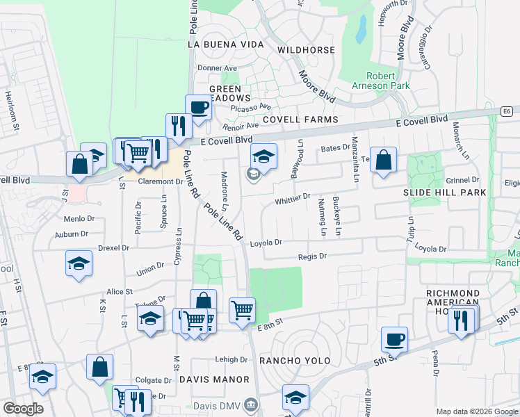 map of restaurants, bars, coffee shops, grocery stores, and more near 1406 Whittier Drive in Davis