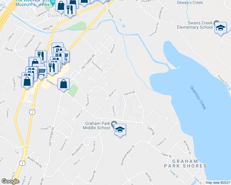 map of restaurants, bars, coffee shops, grocery stores, and more near 3613 Wharf Lane in Triangle
