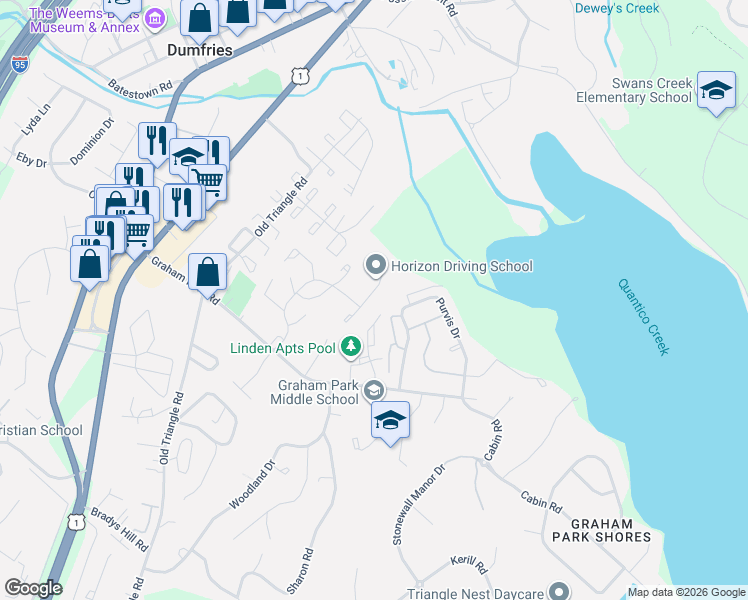 map of restaurants, bars, coffee shops, grocery stores, and more near 3613 Wharf Lane in Triangle
