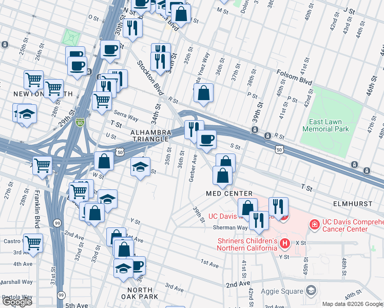 map of restaurants, bars, coffee shops, grocery stores, and more near 2039 Gerber Avenue in Sacramento