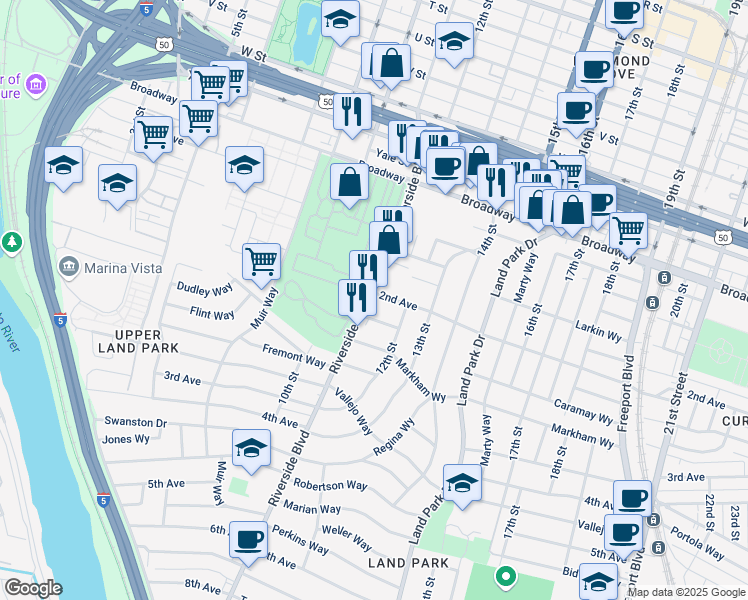 map of restaurants, bars, coffee shops, grocery stores, and more near 1115 Castro Way in Sacramento
