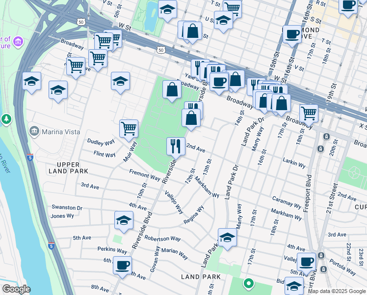 map of restaurants, bars, coffee shops, grocery stores, and more near 1115 Castro Way in Sacramento