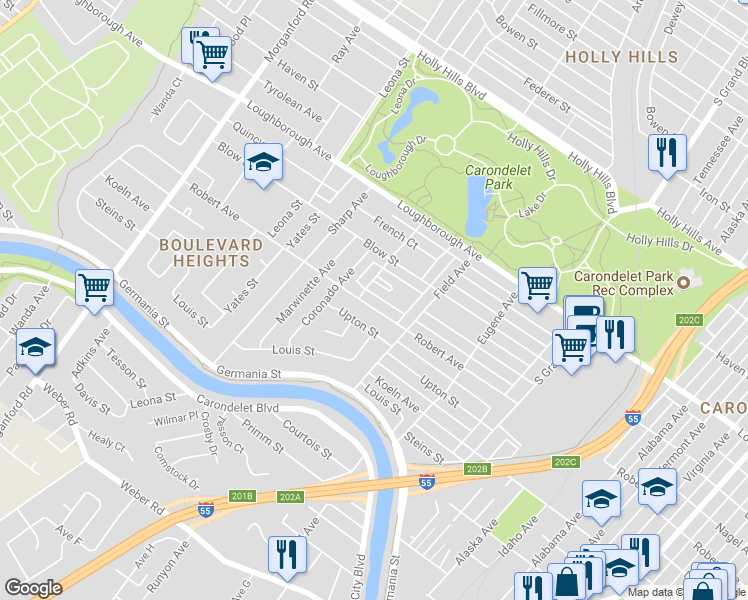 map of restaurants, bars, coffee shops, grocery stores, and more near 3857 Robert Avenue in St. Louis