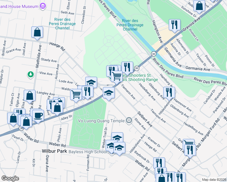 map of restaurants, bars, coffee shops, grocery stores, and more near 8214 Gravois Road in Affton