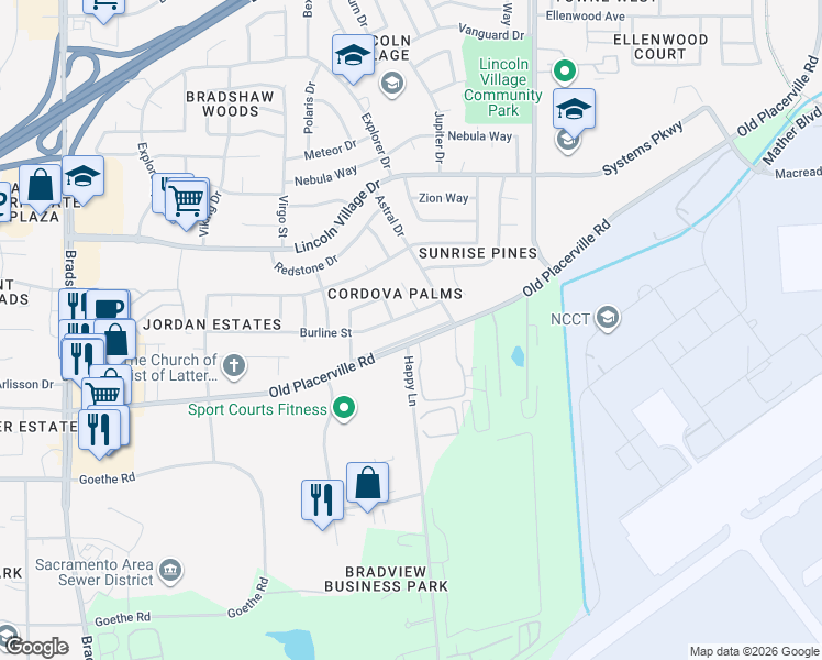 map of restaurants, bars, coffee shops, grocery stores, and more near 9939 Old Placerville Road in Sacramento