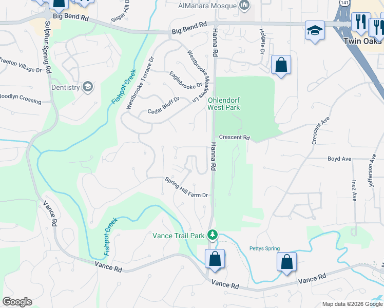 map of restaurants, bars, coffee shops, grocery stores, and more near 1626 Whispering Creek Drive in Ballwin