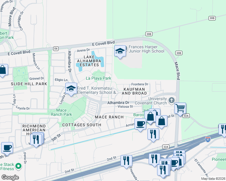 map of restaurants, bars, coffee shops, grocery stores, and more near 3817 Gaviota Place in Davis