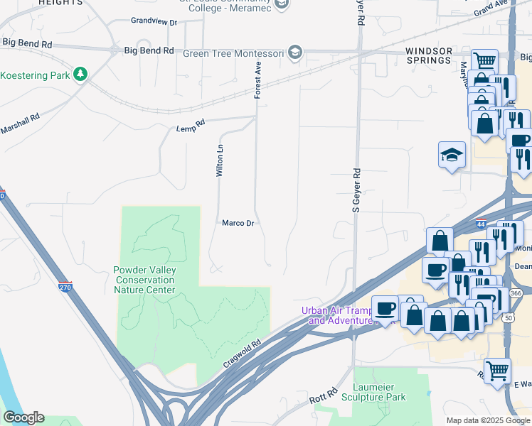 map of restaurants, bars, coffee shops, grocery stores, and more near 1370 Forest Avenue in Kirkwood
