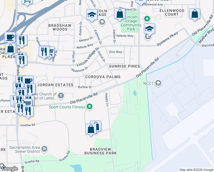 map of restaurants, bars, coffee shops, grocery stores, and more near 9939 Old Placerville Road in Sacramento