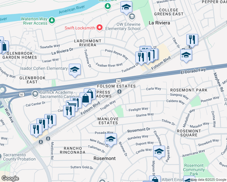 map of restaurants, bars, coffee shops, grocery stores, and more near in Rosemont