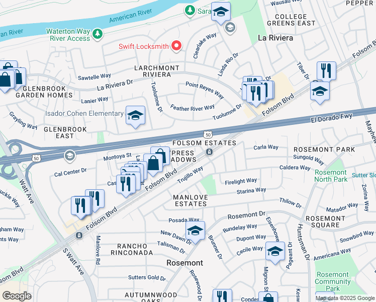 map of restaurants, bars, coffee shops, grocery stores, and more near 9055 Folsom Boulevard in Sacramento