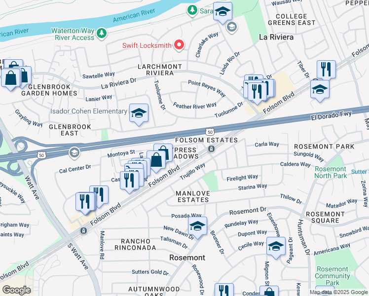 map of restaurants, bars, coffee shops, grocery stores, and more near 9055 Folsom Boulevard in Sacramento