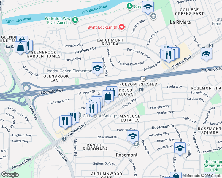 map of restaurants, bars, coffee shops, grocery stores, and more near 9090 Piñata Way in Sacramento