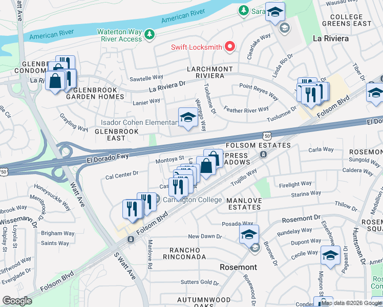 map of restaurants, bars, coffee shops, grocery stores, and more near 9058 Montoya Street in Sacramento