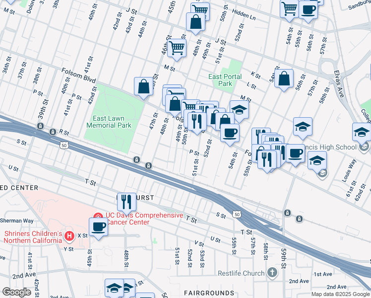 map of restaurants, bars, coffee shops, grocery stores, and more near 1600 51st Street in Sacramento