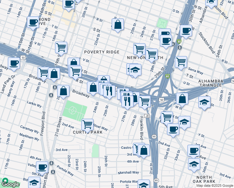 map of restaurants, bars, coffee shops, grocery stores, and more near 2404 26th Street in Sacramento
