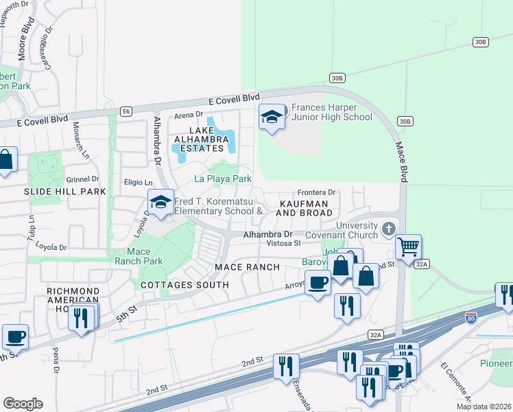 map of restaurants, bars, coffee shops, grocery stores, and more near 3817 Gaviota Place in Davis