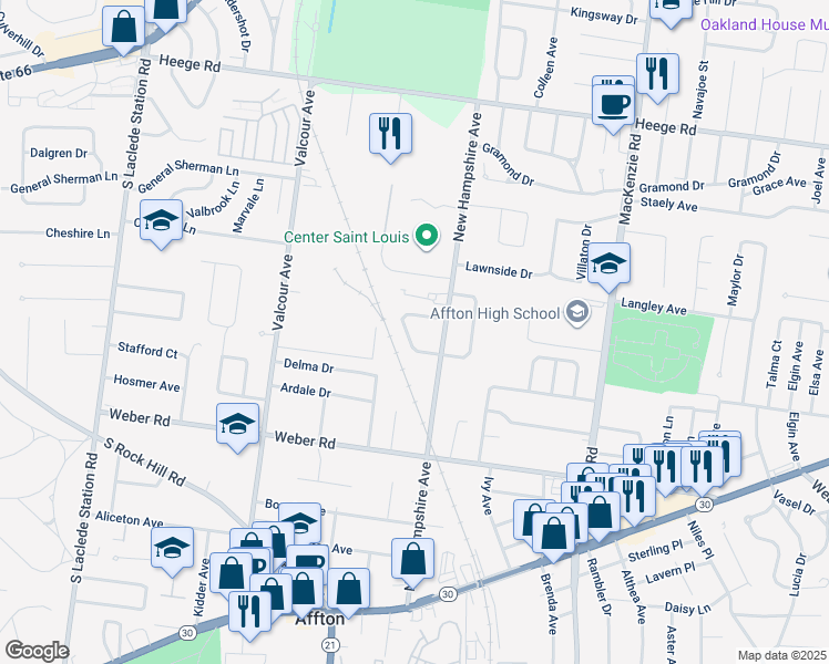 map of restaurants, bars, coffee shops, grocery stores, and more near 6736 Highland House Court in Affton