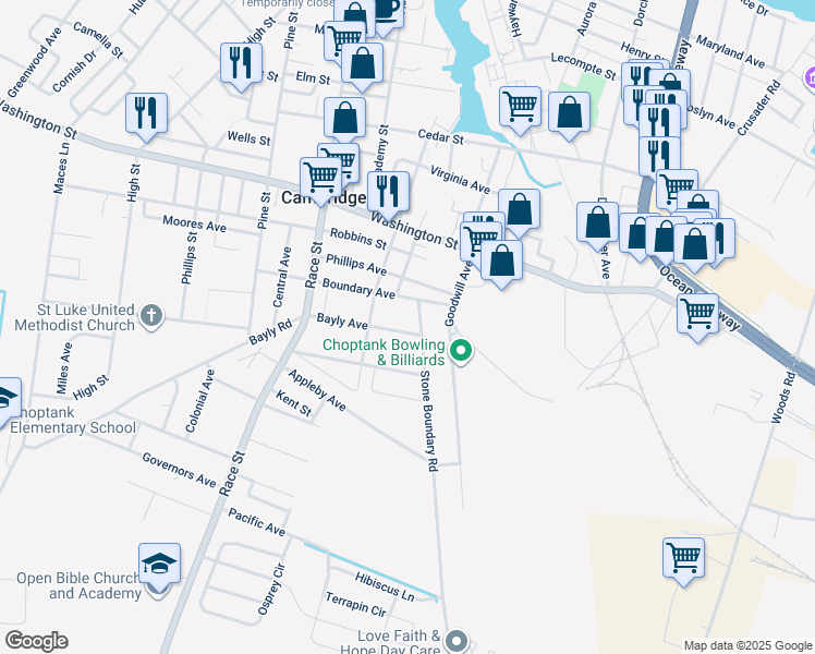 map of restaurants, bars, coffee shops, grocery stores, and more near 303 Bayly Avenue in Cambridge