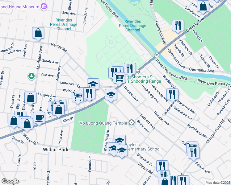 map of restaurants, bars, coffee shops, grocery stores, and more near 8214 Gravois Road in Affton