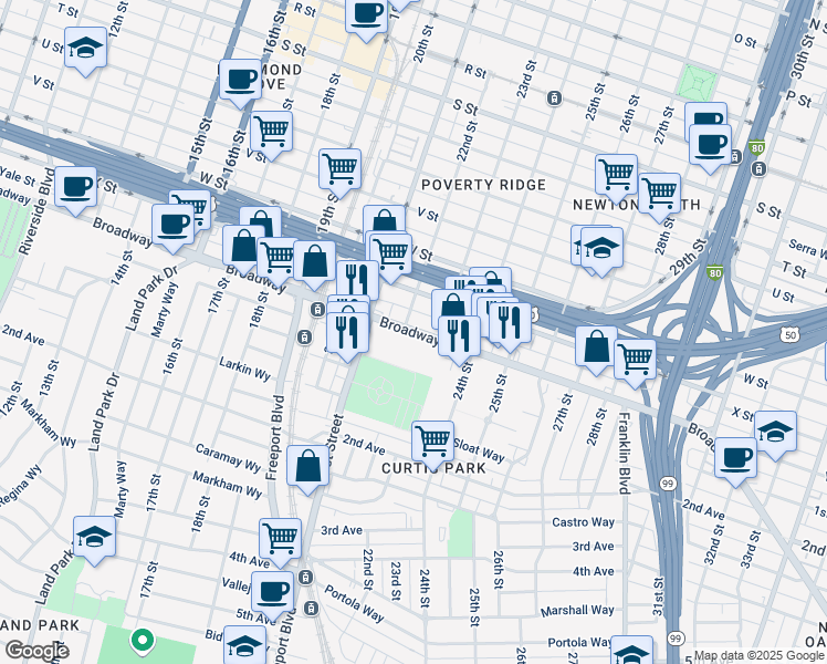 map of restaurants, bars, coffee shops, grocery stores, and more near 2120 Broadway in Sacramento
