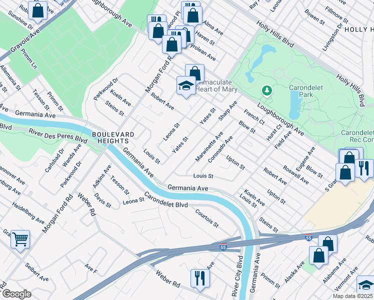 map of restaurants, bars, coffee shops, grocery stores, and more near 7366 Sharp Avenue in St. Louis