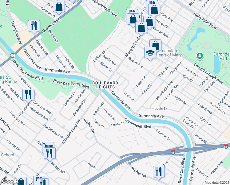 map of restaurants, bars, coffee shops, grocery stores, and more near 4117 Germania Street in St. Louis