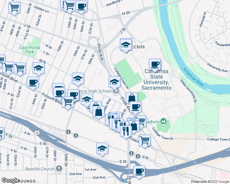 map of restaurants, bars, coffee shops, grocery stores, and more near 5900 Elvas Avenue in Sacramento