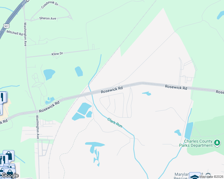 map of restaurants, bars, coffee shops, grocery stores, and more near Rosewick Road in La Plata