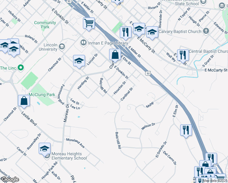 map of restaurants, bars, coffee shops, grocery stores, and more near 809 Houchin Street in Jefferson City