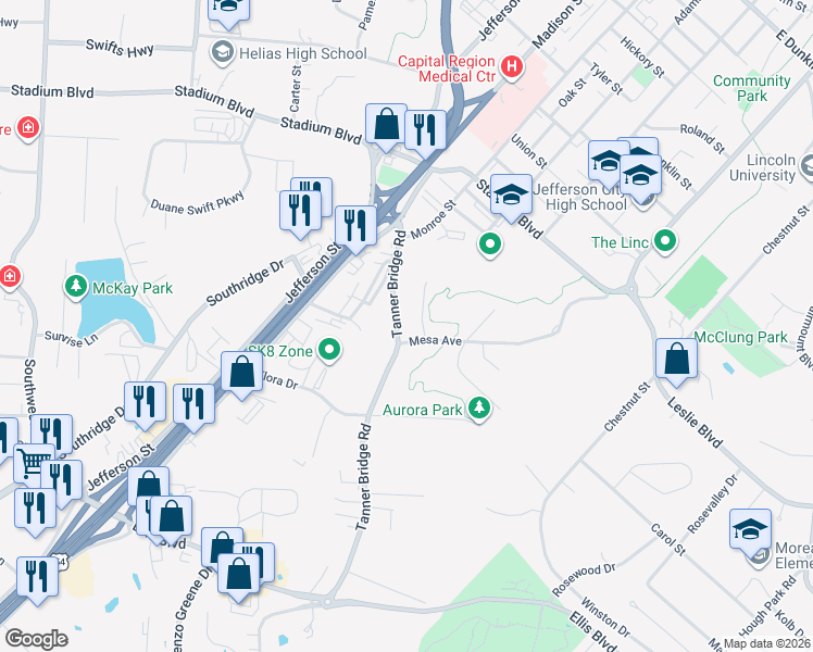 map of restaurants, bars, coffee shops, grocery stores, and more near 1525 Tanner Bridge Rd in Jefferson City