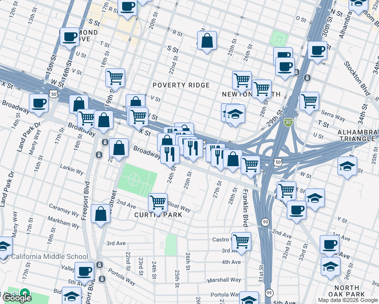 map of restaurants, bars, coffee shops, grocery stores, and more near 2414 25th Street in Sacramento