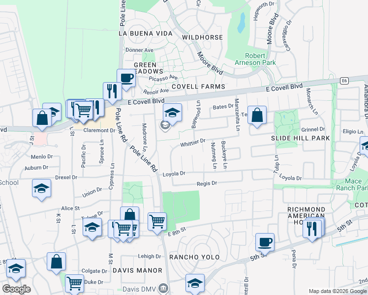 map of restaurants, bars, coffee shops, grocery stores, and more near 1411 Alder Place in Davis