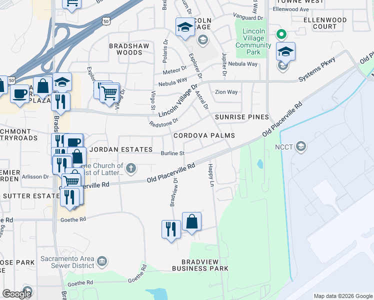 map of restaurants, bars, coffee shops, grocery stores, and more near 9906 Burline Street in Sacramento