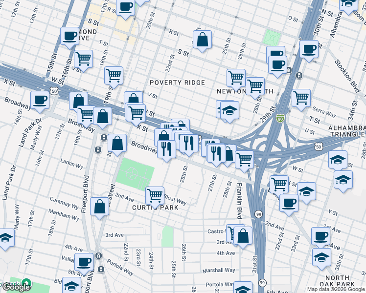 map of restaurants, bars, coffee shops, grocery stores, and more near 2414 25th Street in Sacramento