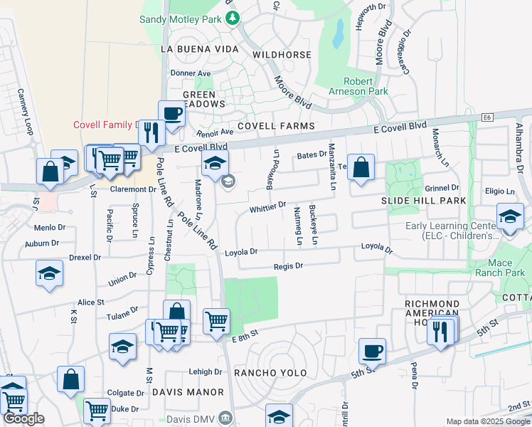 map of restaurants, bars, coffee shops, grocery stores, and more near 1411 Alder Place in Davis