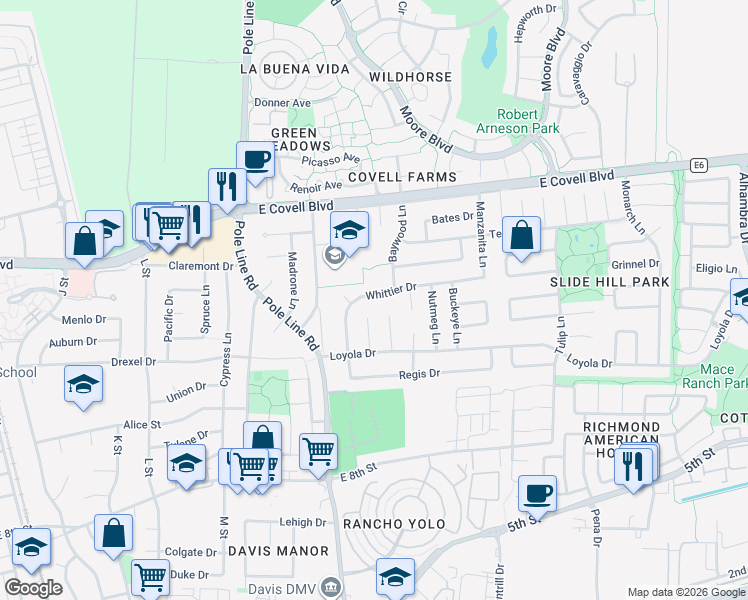 map of restaurants, bars, coffee shops, grocery stores, and more near 1411 Alder Place in Davis