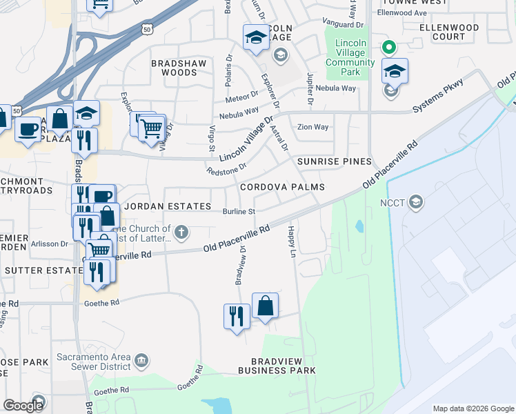 map of restaurants, bars, coffee shops, grocery stores, and more near 9906 Burline Street in Sacramento