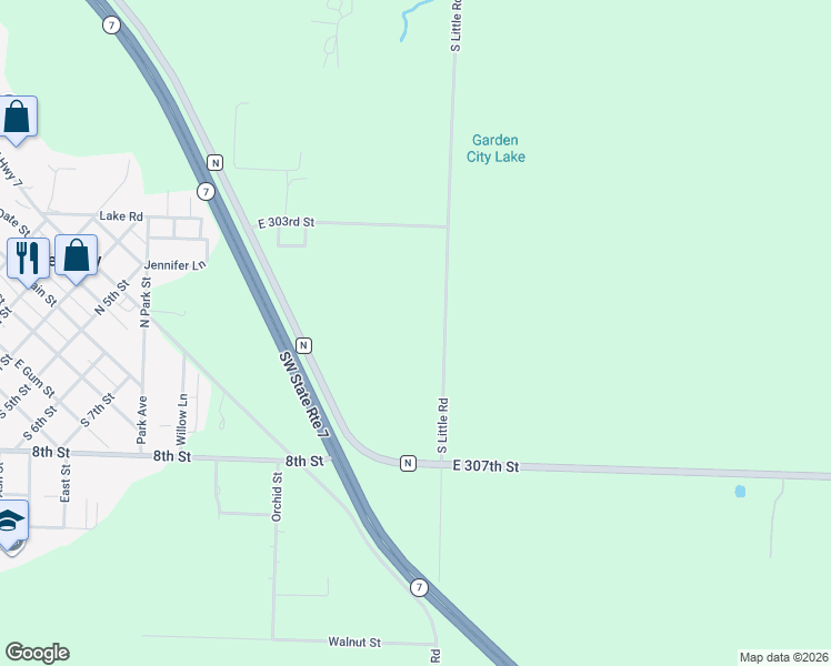 map of restaurants, bars, coffee shops, grocery stores, and more near 30418 South Little Road in Garden City